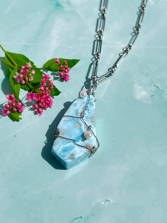 Larimar + Freshwater Pearl Wrapped Silver Necklace