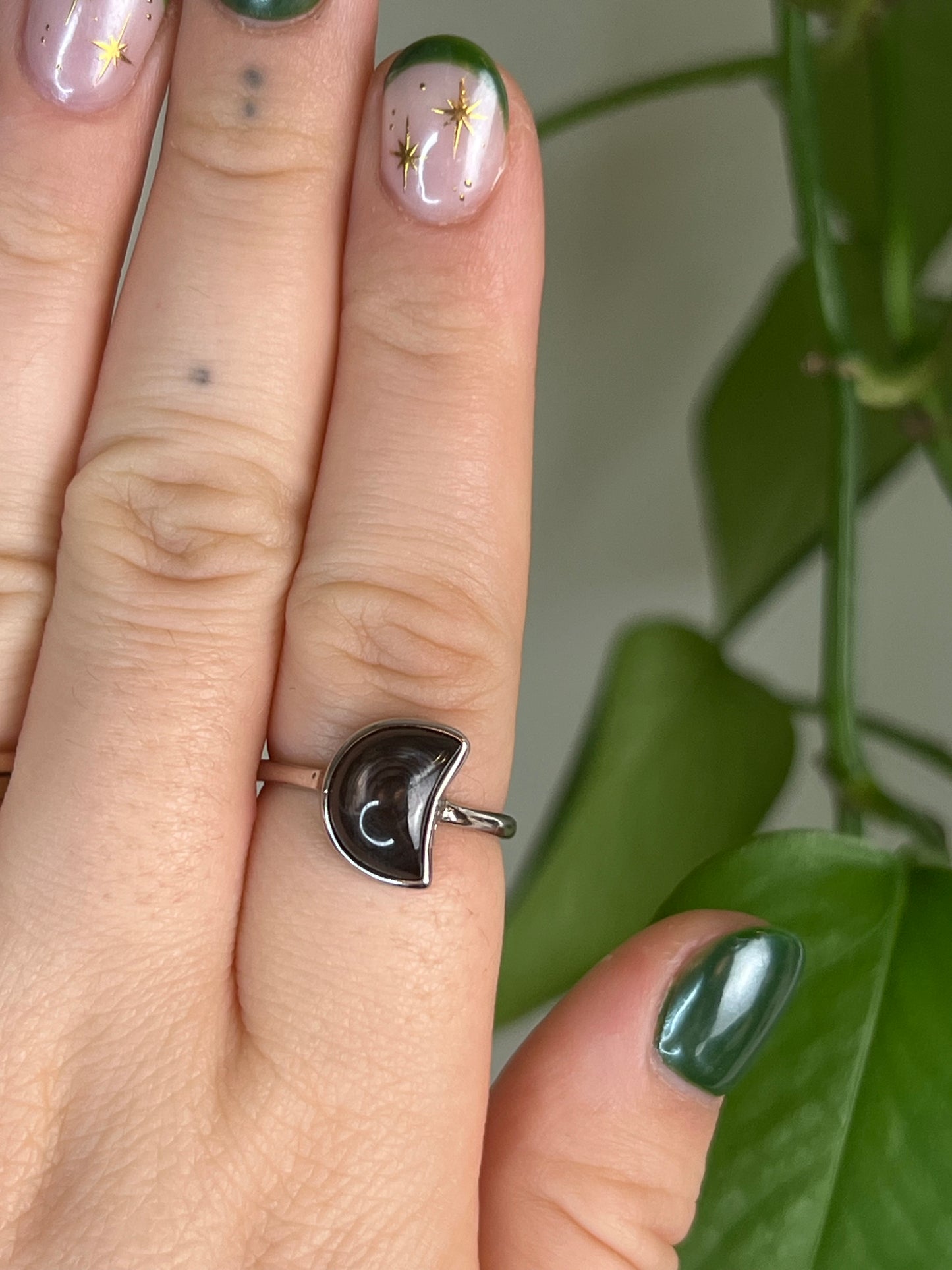 Hypersthene Flashy Moon Sterling Silver Ring | Adjustable