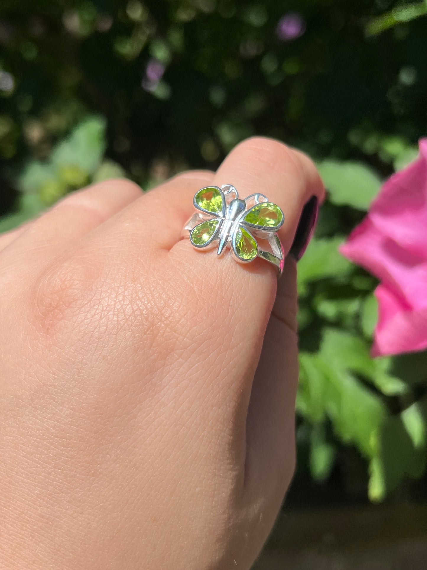 Peridot Butterfly Sterling Silver Ring | Size 7