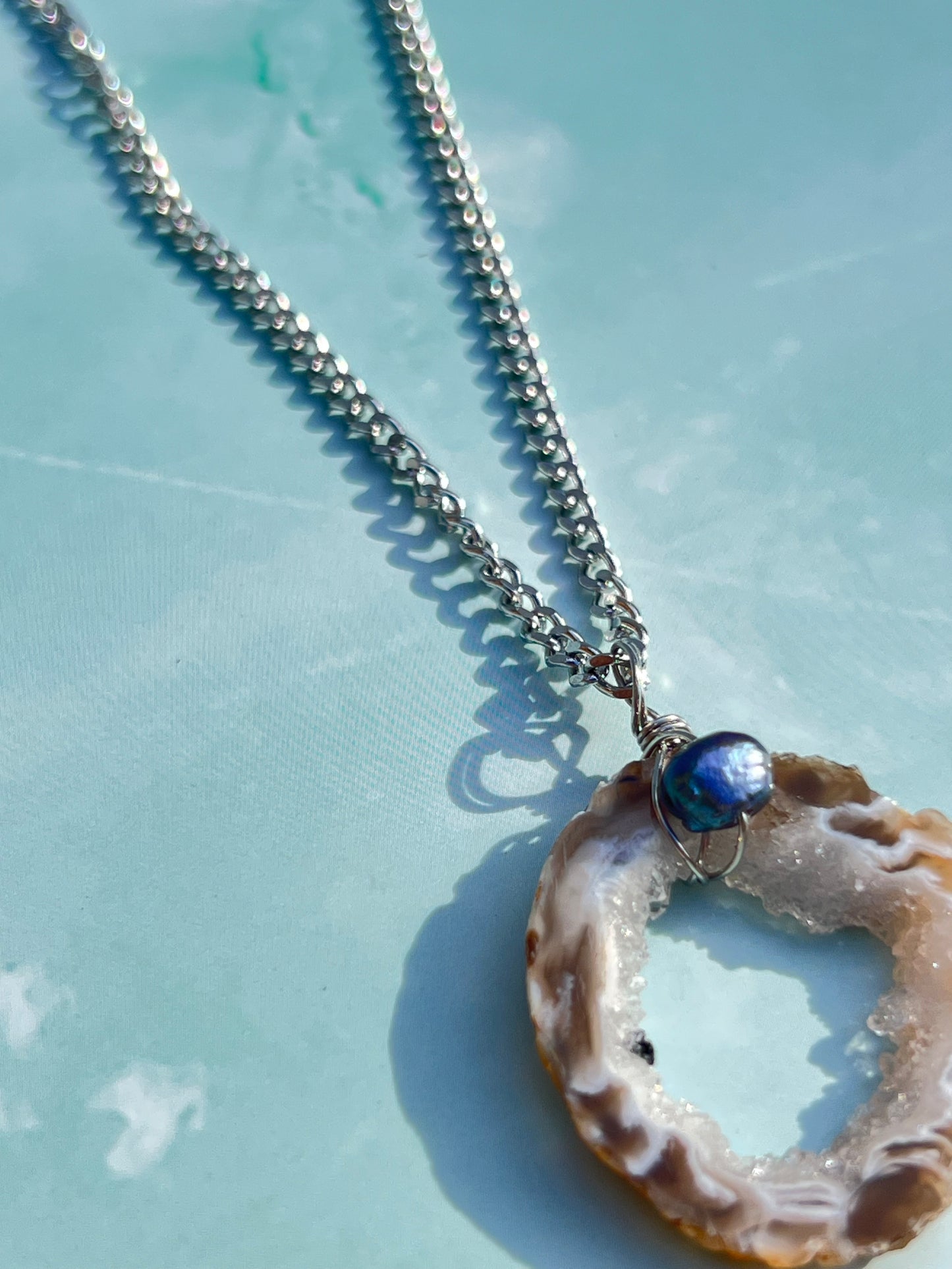Freshwater Pearl and Druzy Agate Necklace - 1