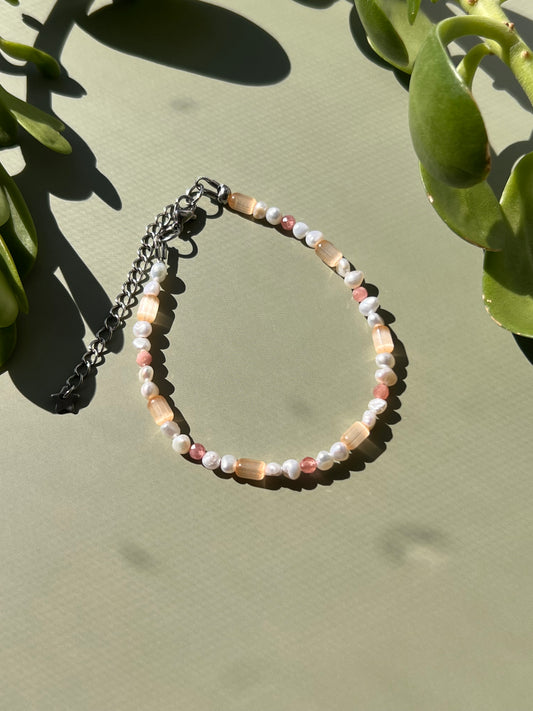 Rhodochrosite + Freshwater Pearl Peachy Bracelet