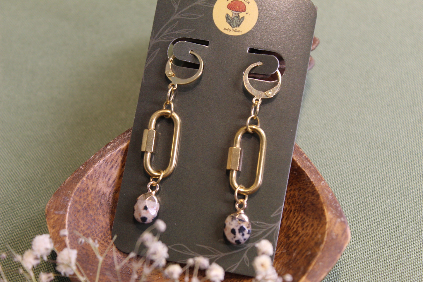 Dalmatian Jasper Gold Carabiner Earrings