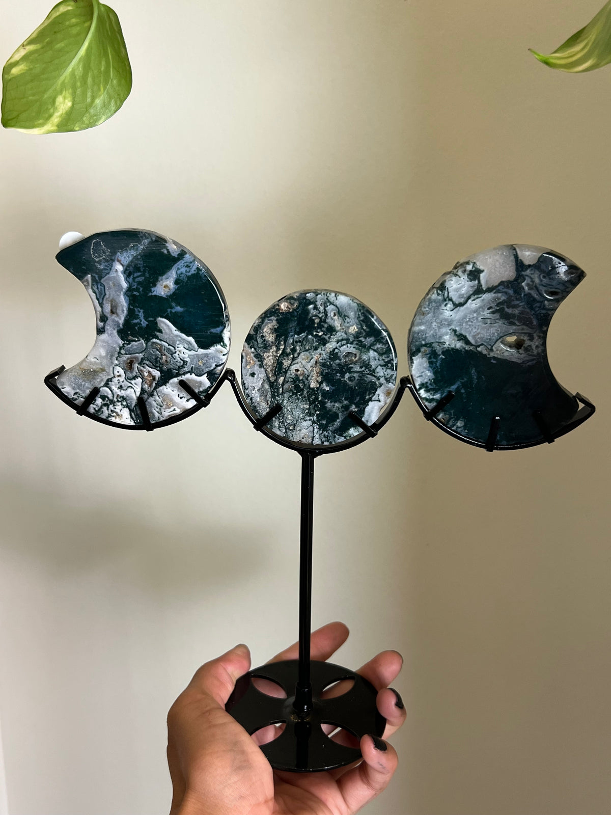 Druzy Moss Agate Triple Moon Stand - M