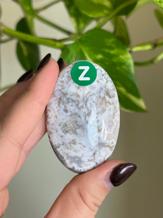 White Moss Agate Small Palm Stone - Z