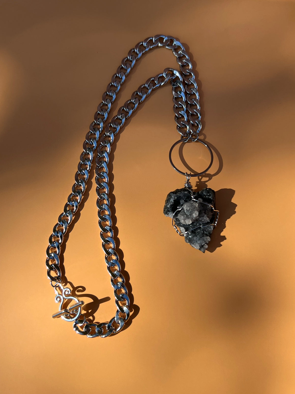 Black Druzy Chalcedony Wrapped Silver Necklace