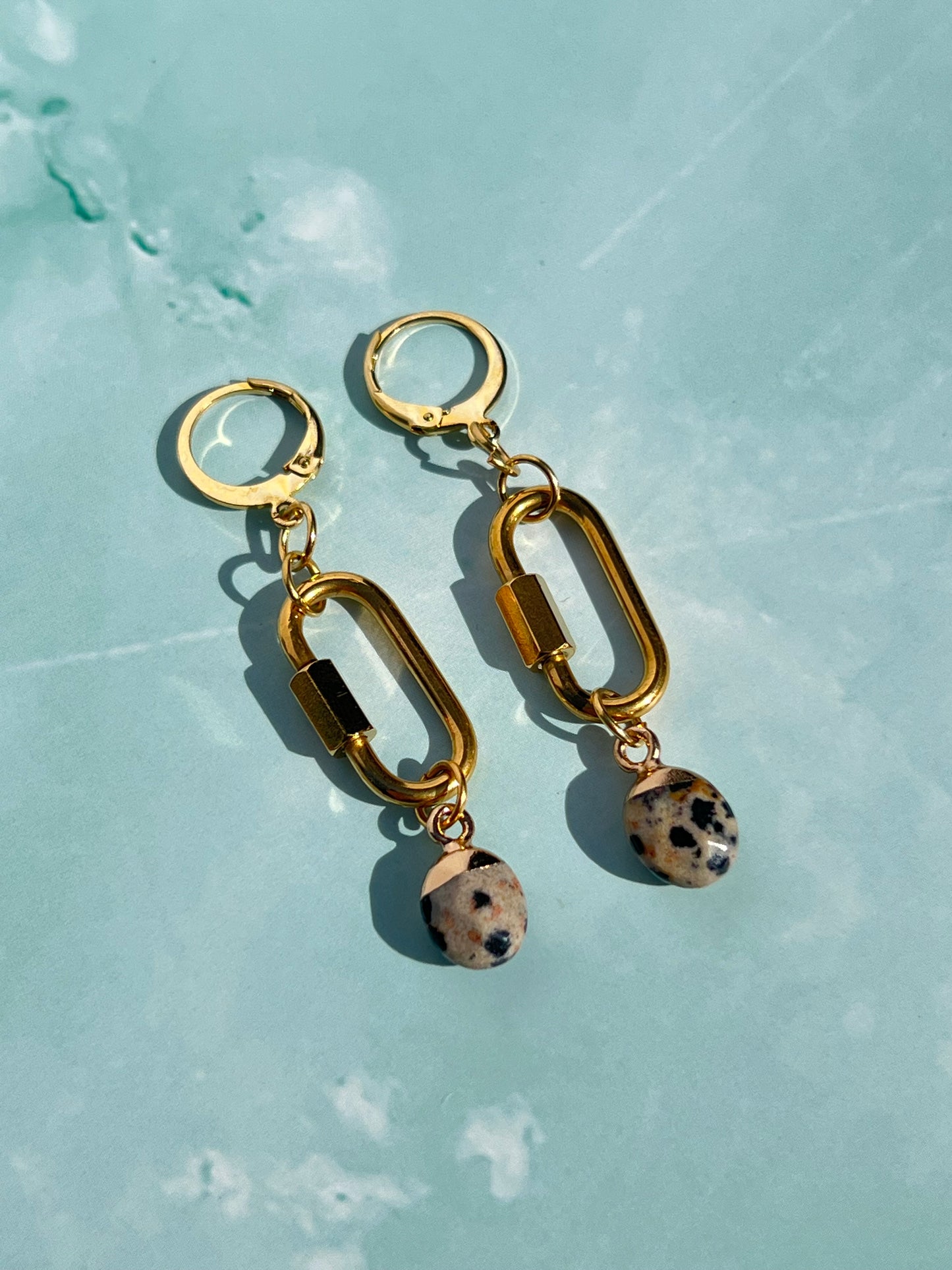 Dalmatian Jasper Gold Carabiner Earrings