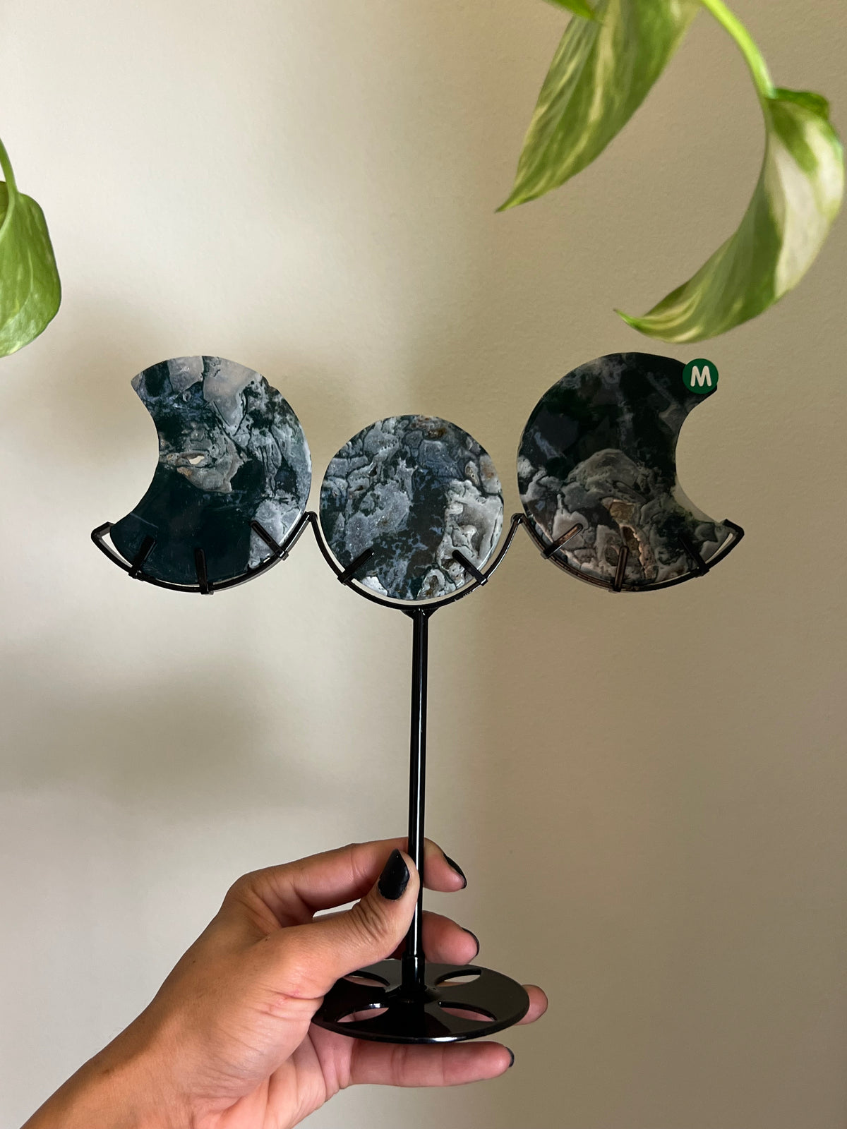 Druzy Moss Agate Triple Moon Stand - M