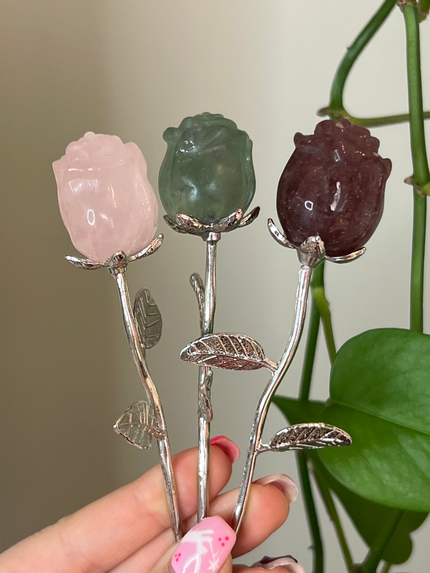 Strawberry Quartz Rose Silver Stem