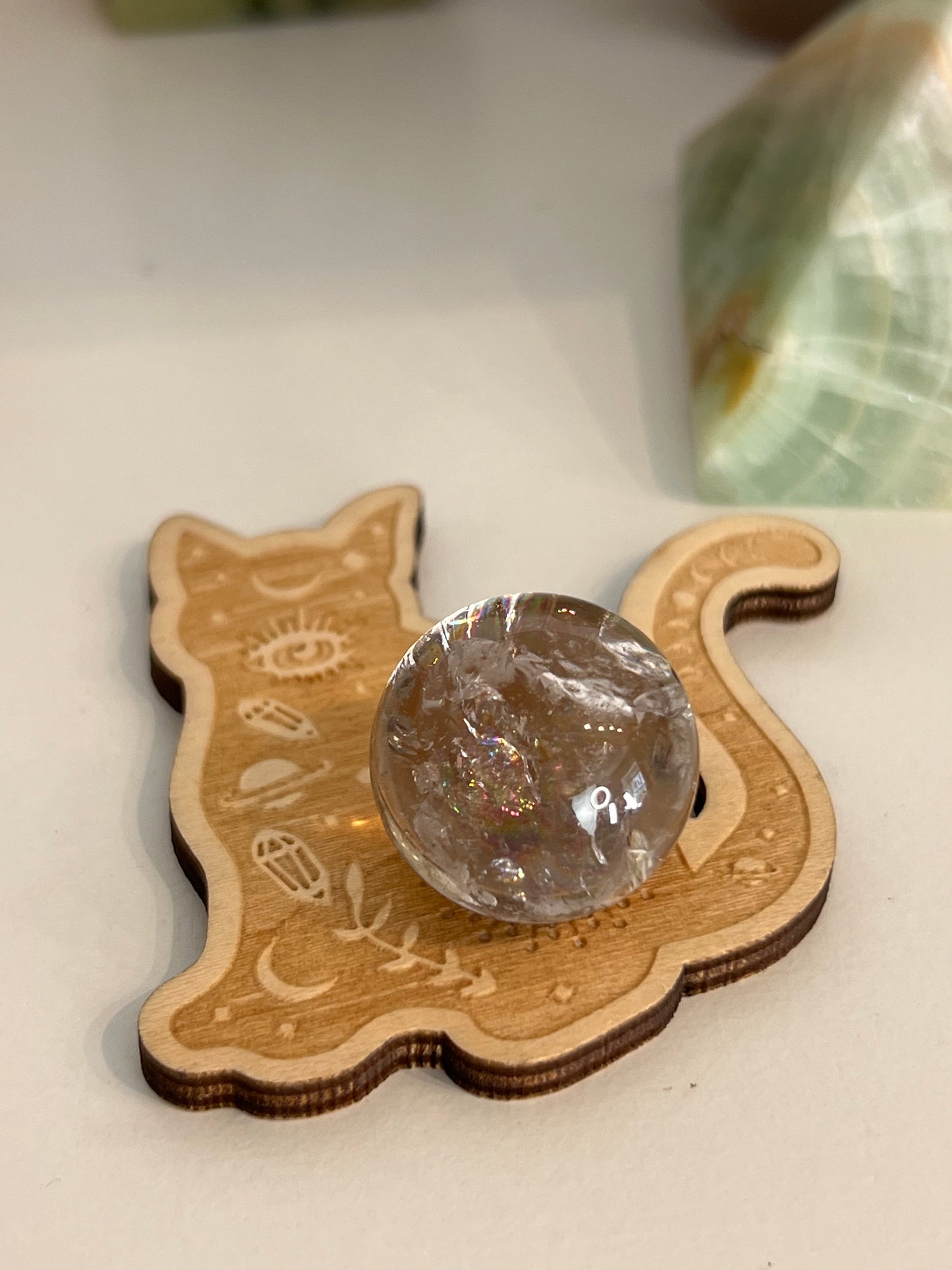 Celestial Crystal Cat Wooden Sphere Stand