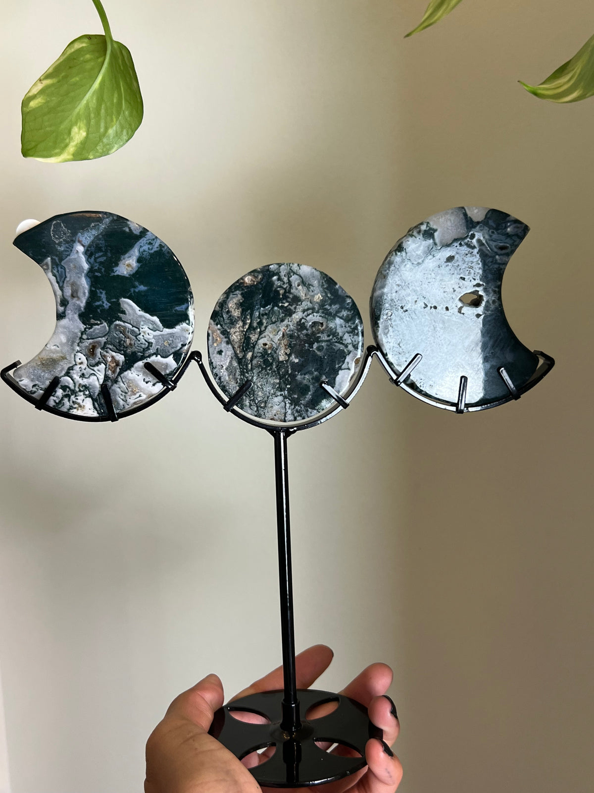 Druzy Moss Agate Triple Moon Stand - M