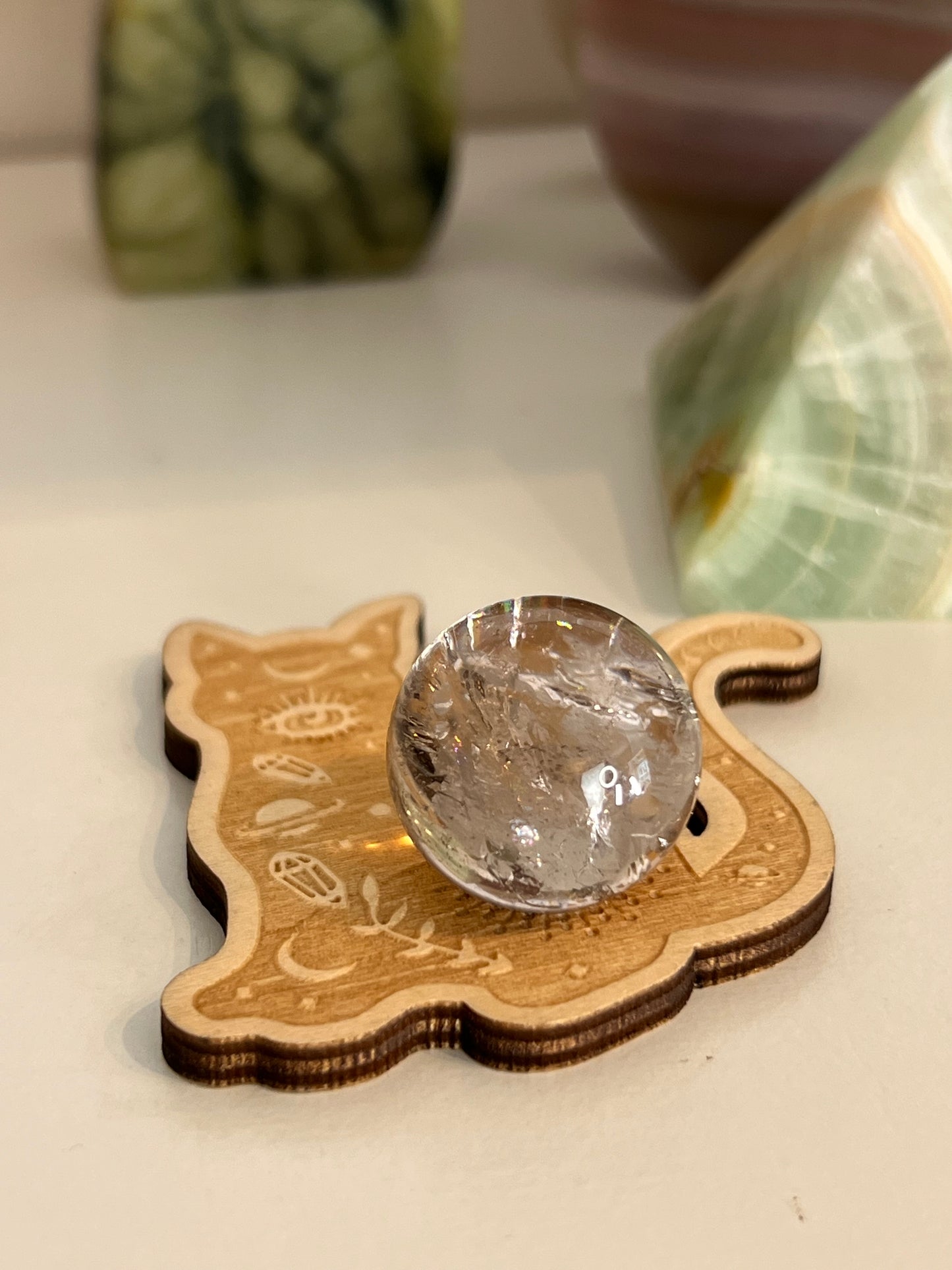 Celestial Crystal Cat Wooden Sphere Stand