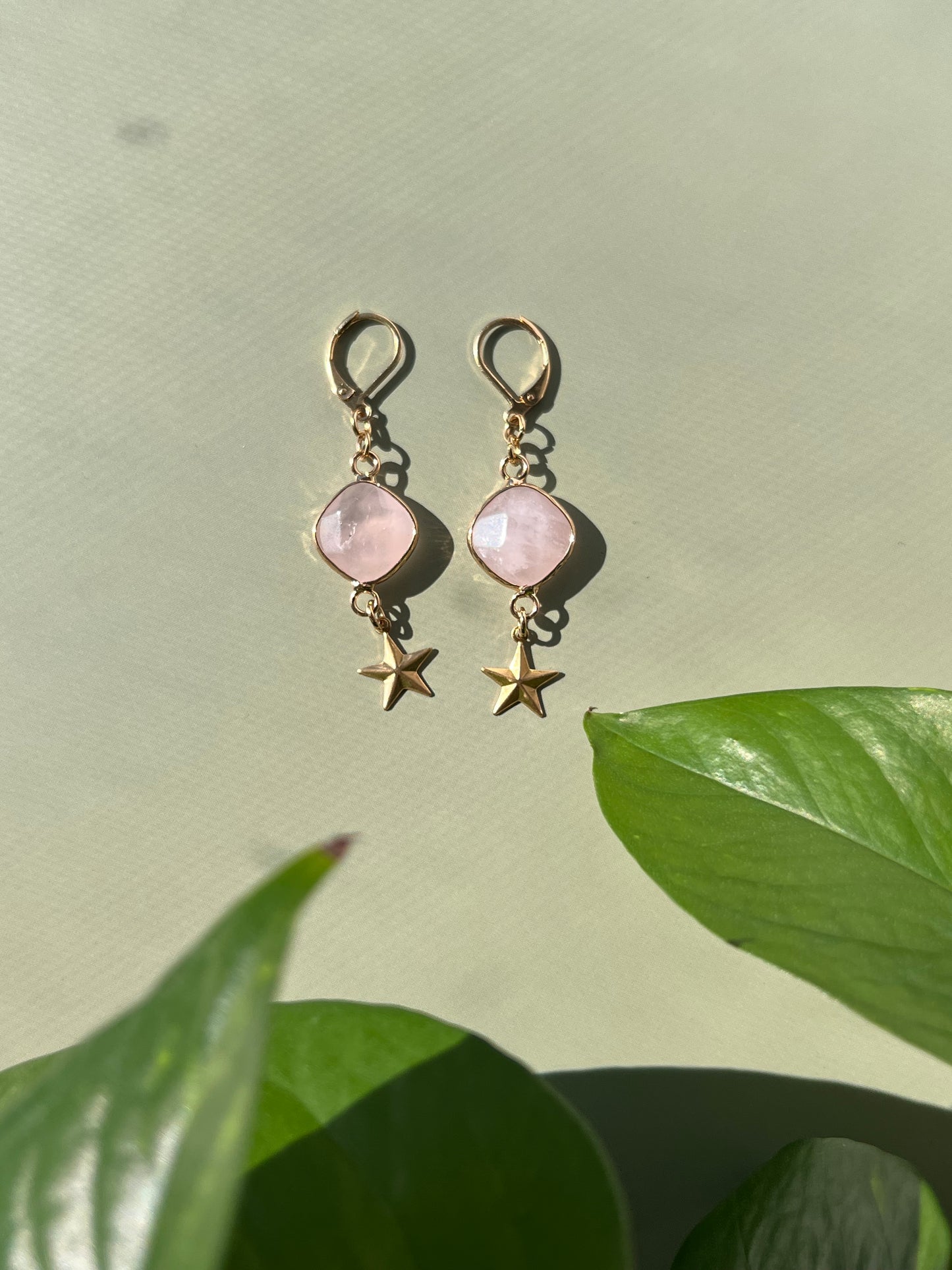 Gold Rose Quartz Star Earrings