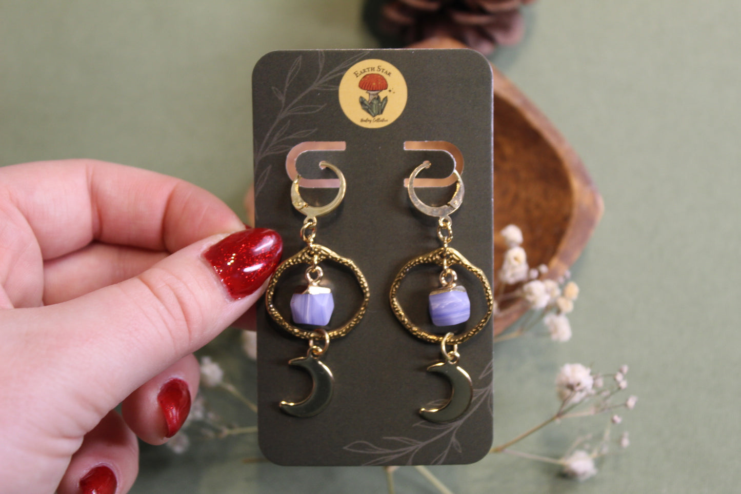 Blue Lace Agate Moon Gold Hoops