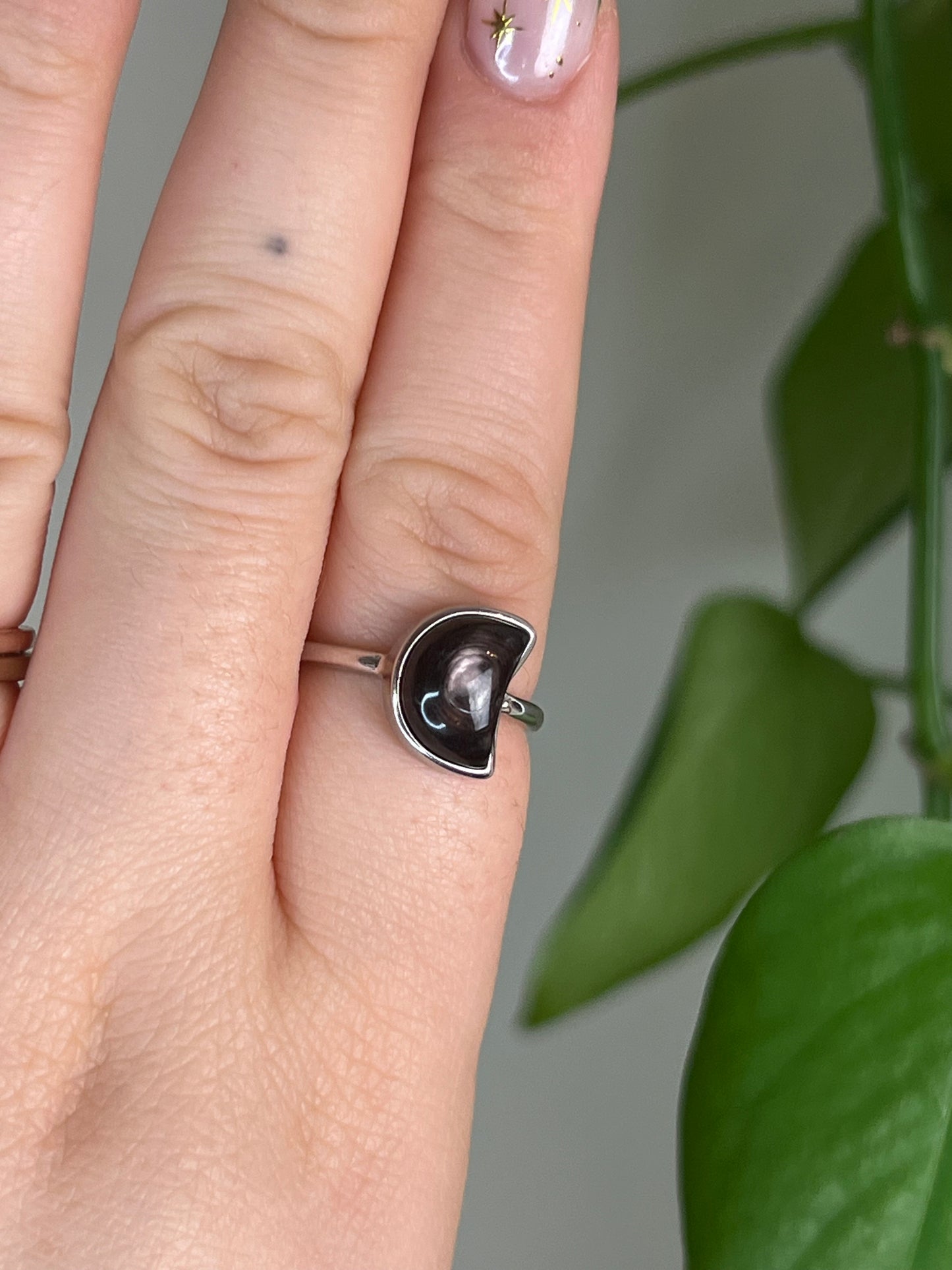 Hypersthene Flashy Moon Sterling Silver Ring | Adjustable