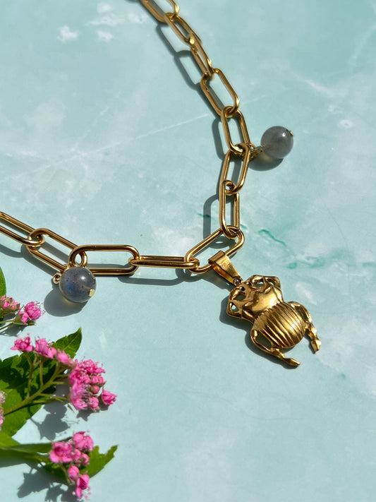 Labradorite Beetle Gold Charm Necklace