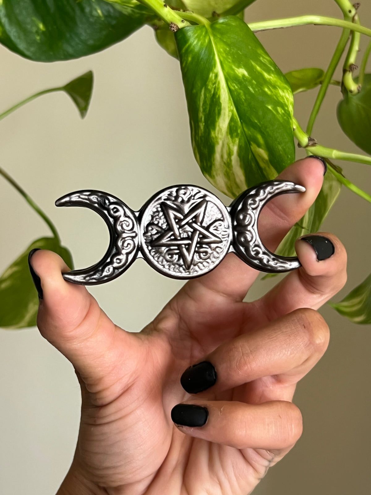 Silver Sheen Obsidian Triple Moon Goddess Symbol