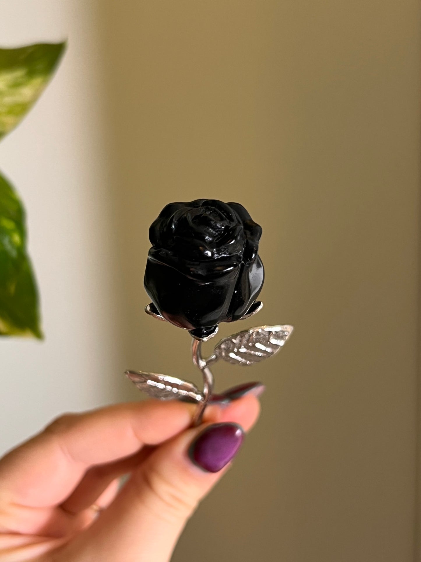 Black Obsidian Rose Silver Stem