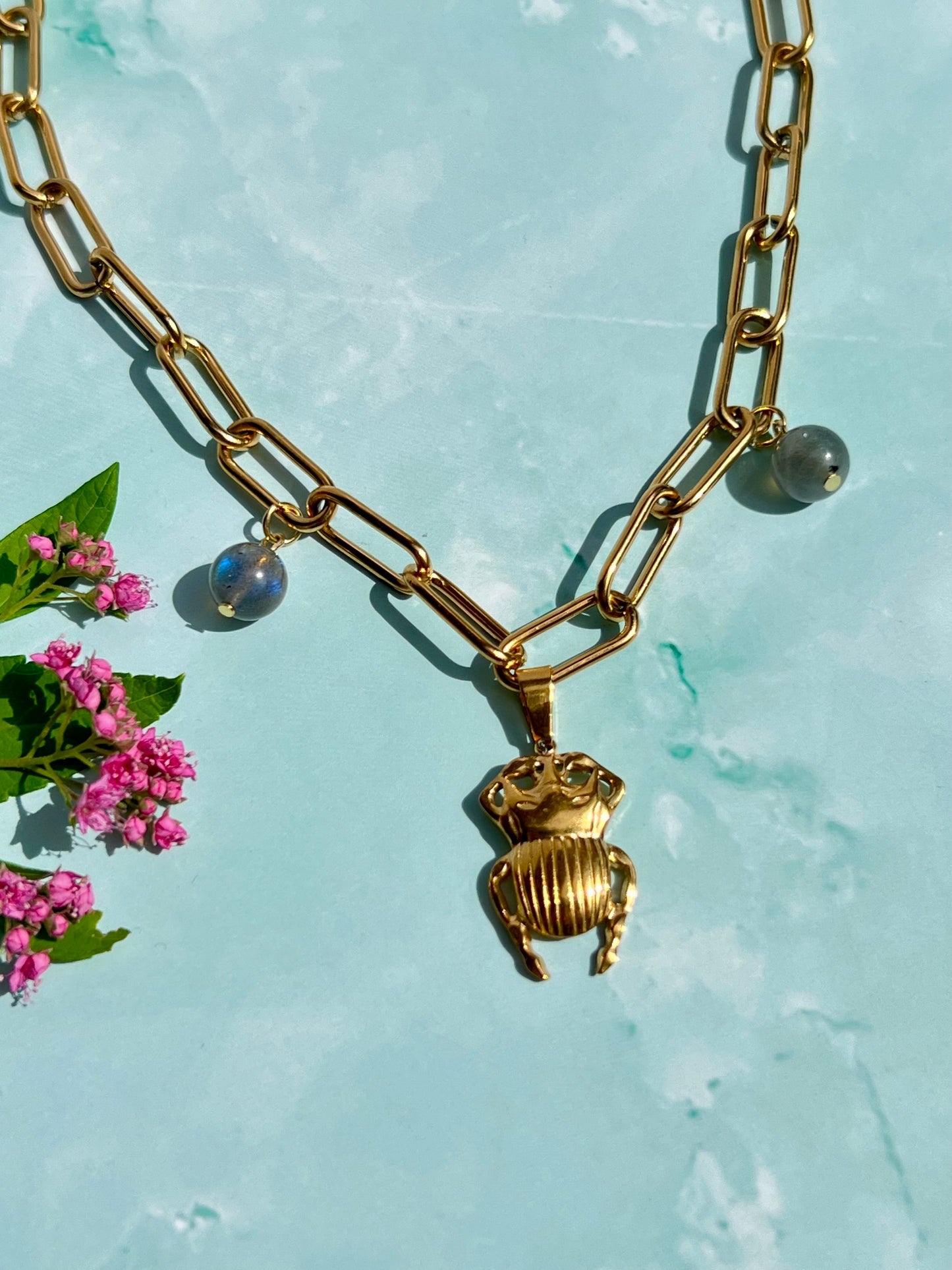 Labradorite Beetle Gold Charm Necklace