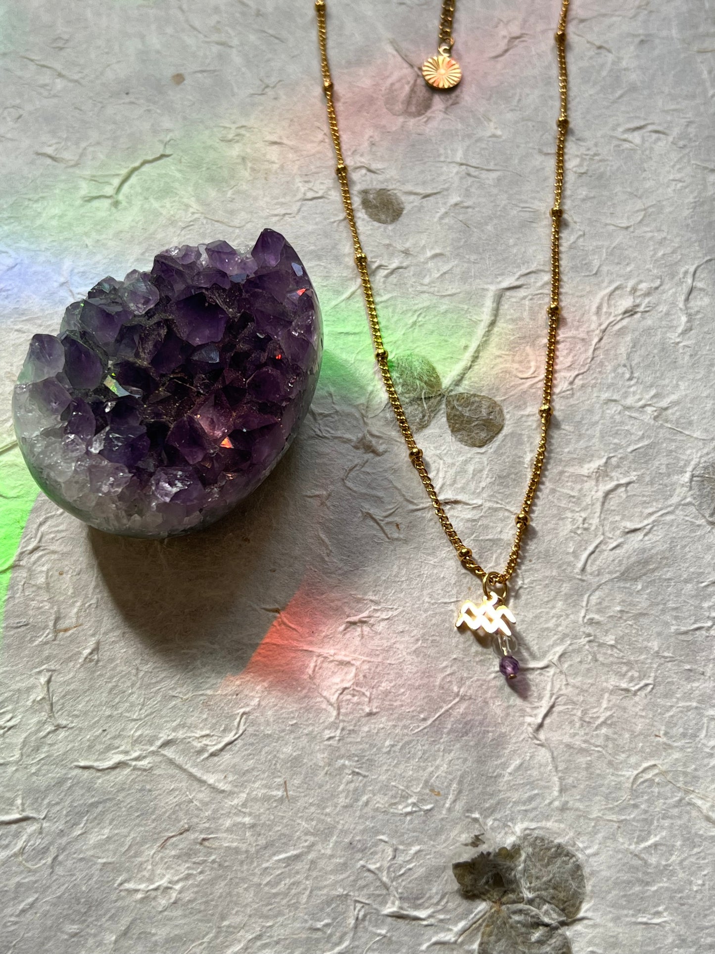 Aquarius Zodiac Sign Gemstone Gold Necklace