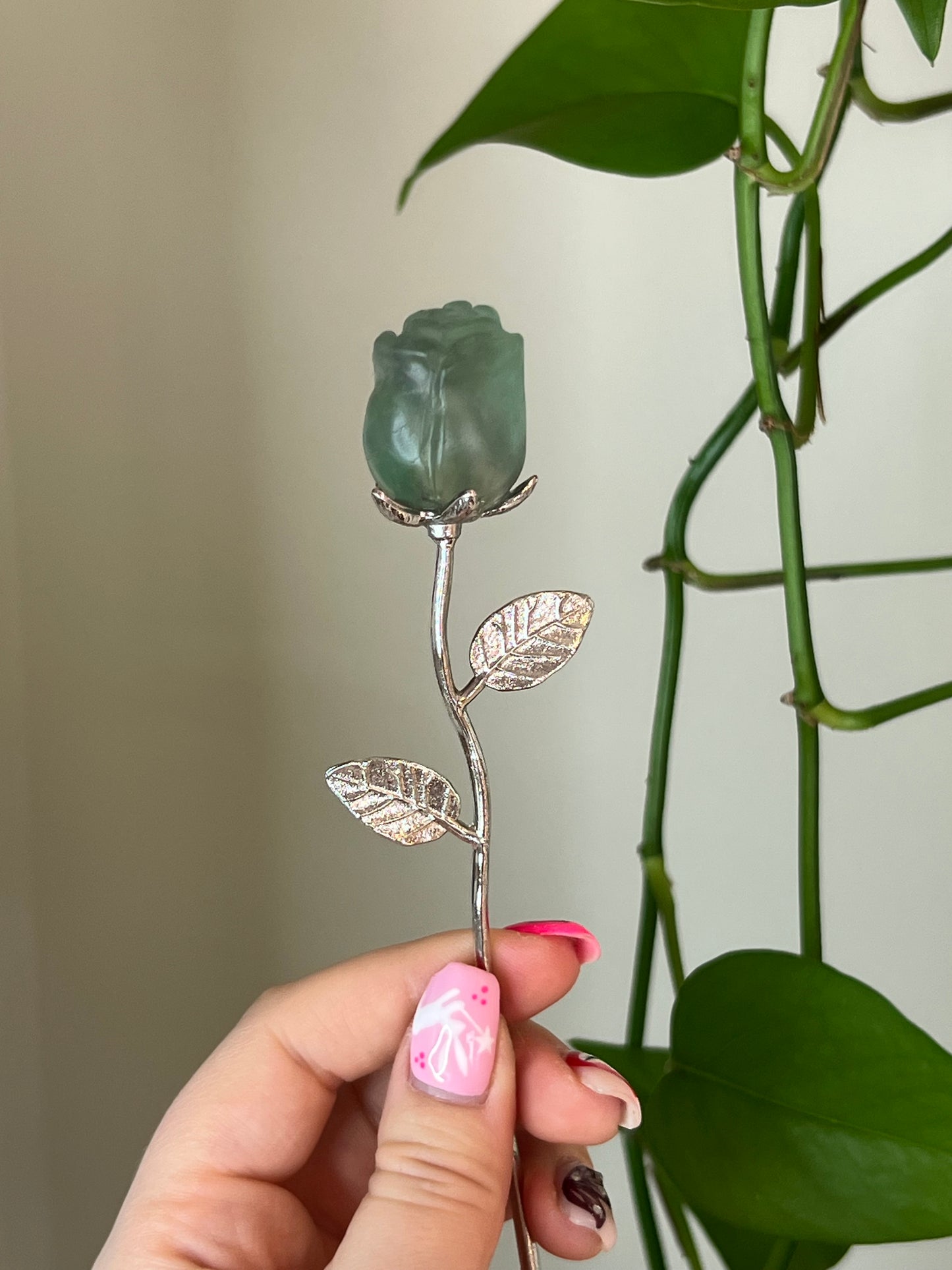 Green Fluorite Rose Silver Stem