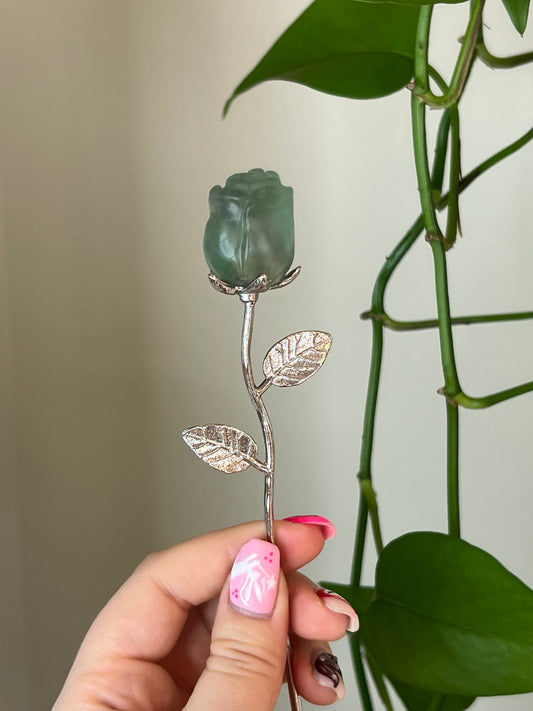 Green Fluorite Rose Silver Stem