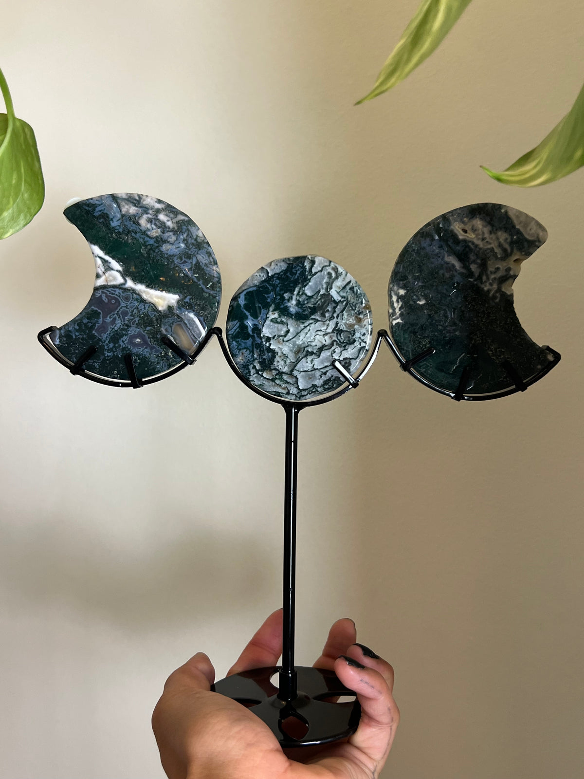 Druzy Moss Agate Triple Moon Stand - N