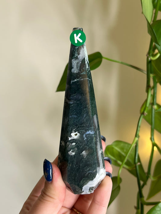 Moss Agate Faceted Tower - K