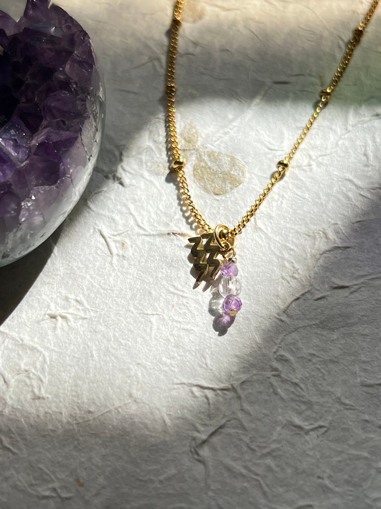 Aquarius Zodiac Sign Gemstone Gold Necklace