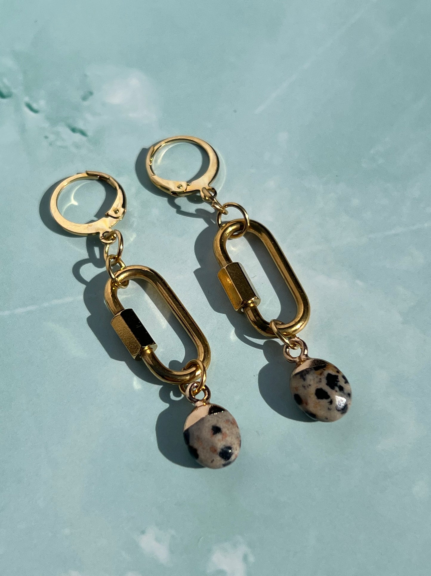 Dalmatian Jasper Gold Carabiner Earrings
