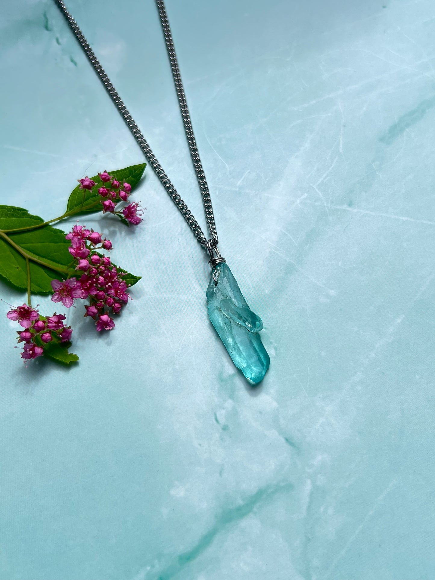Sky Blue Twin Aura Quartz Point Wrapped Dainty Silver Necklace