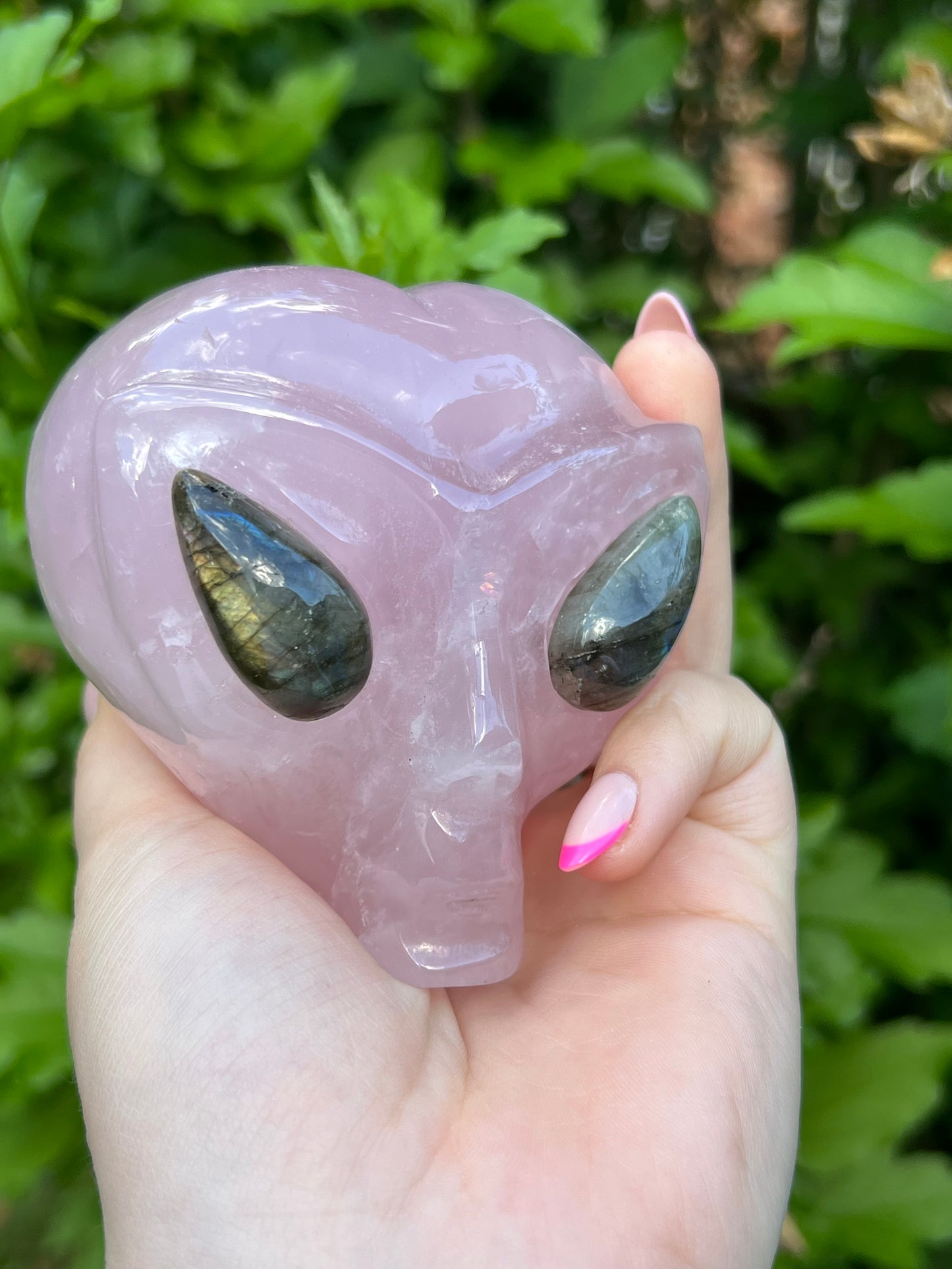 Rose Quartz Alien with Flashy Labradorite Eyes