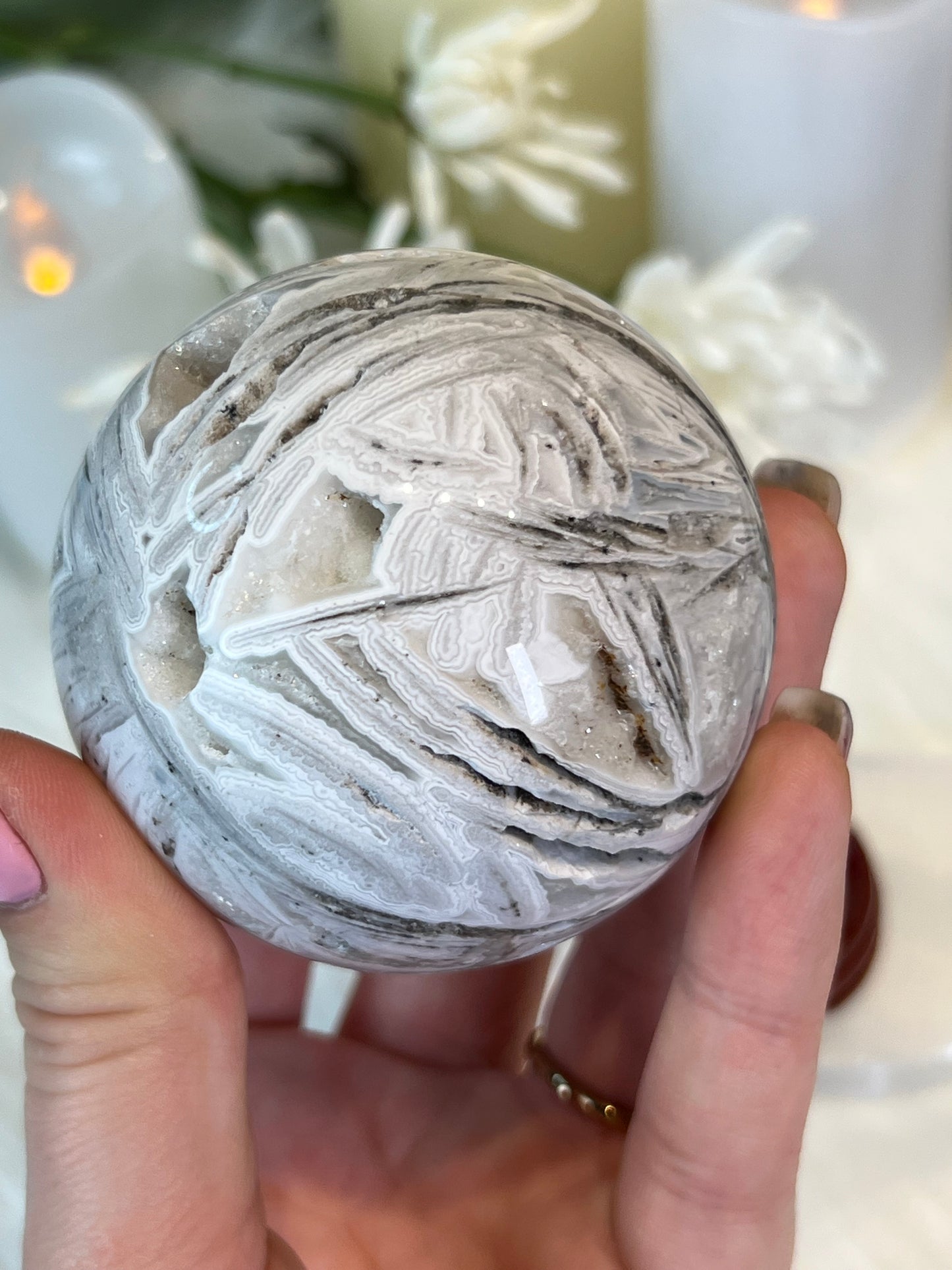 White Lace Agate Druzy Sphere A