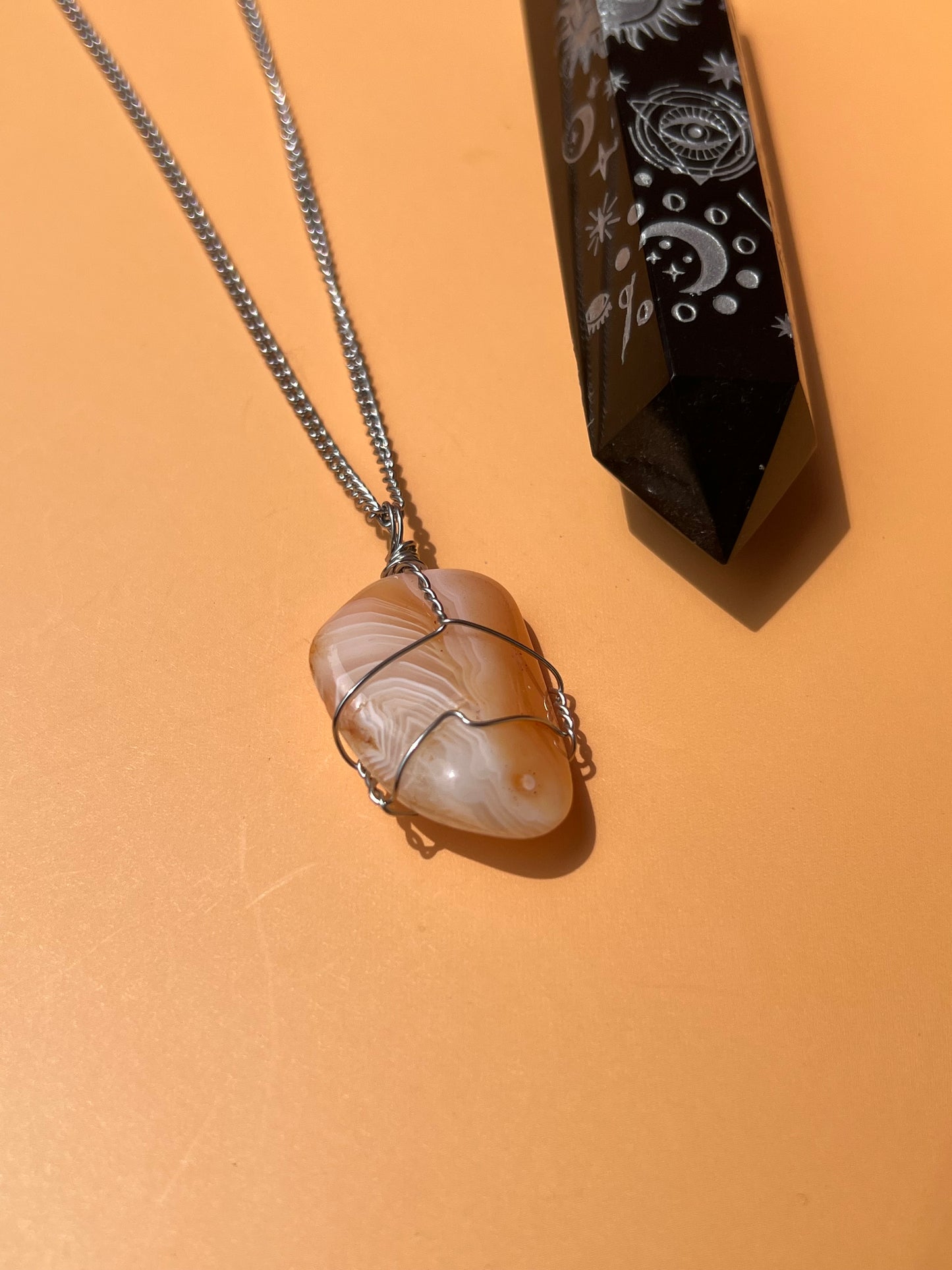 Peach Botswana Agate Wrapped Silver Necklace 🍑