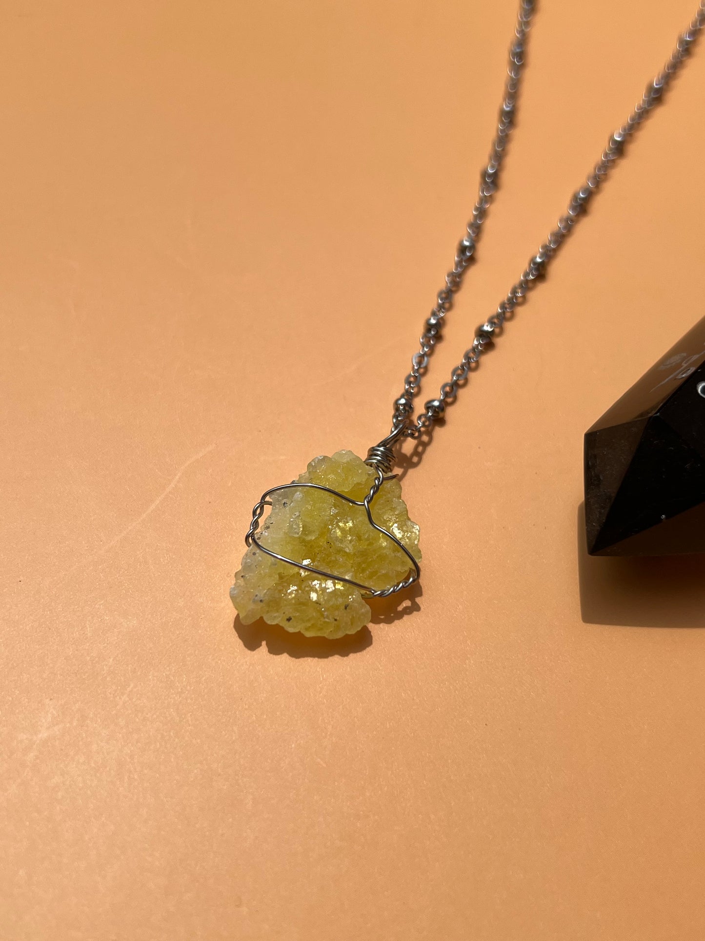 Neon Brucite Raw Wrapped Silver Necklace 🍋