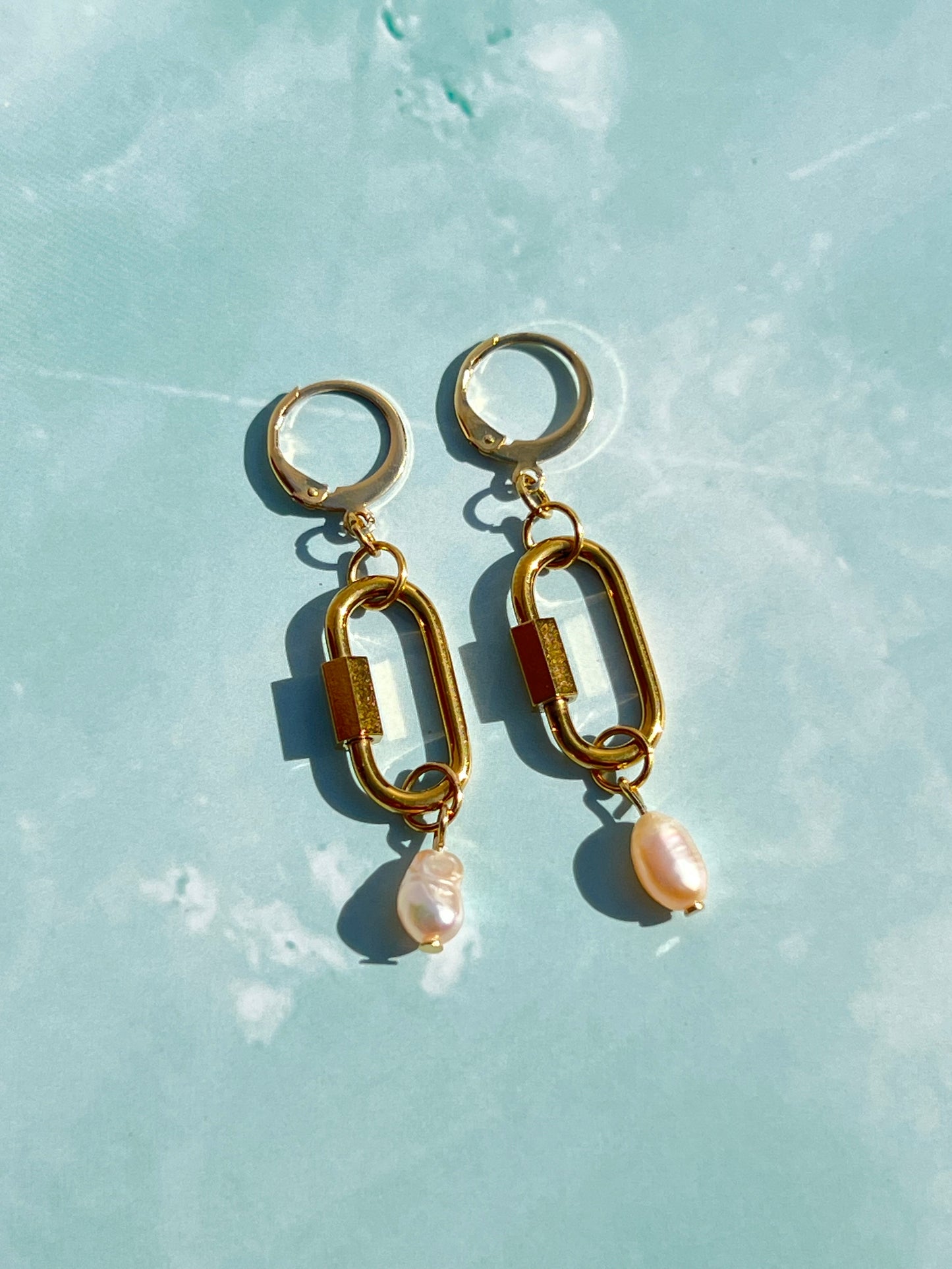 Freshwater Pearl Gold Carabiner Earrings