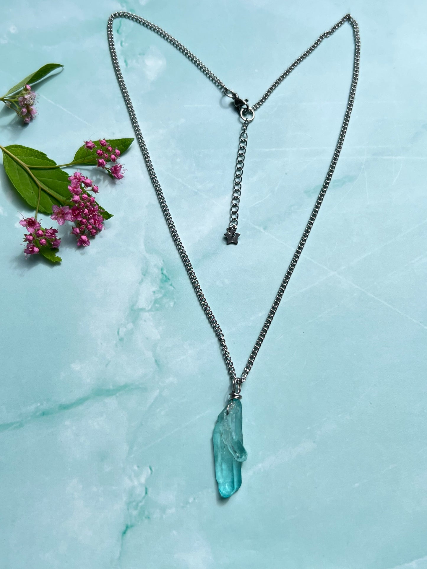 Sky Blue Twin Aura Quartz Point Wrapped Dainty Silver Necklace