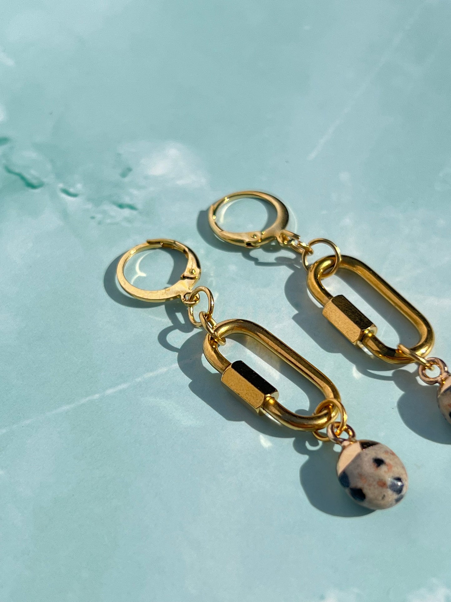 Dalmatian Jasper Gold Carabiner Earrings