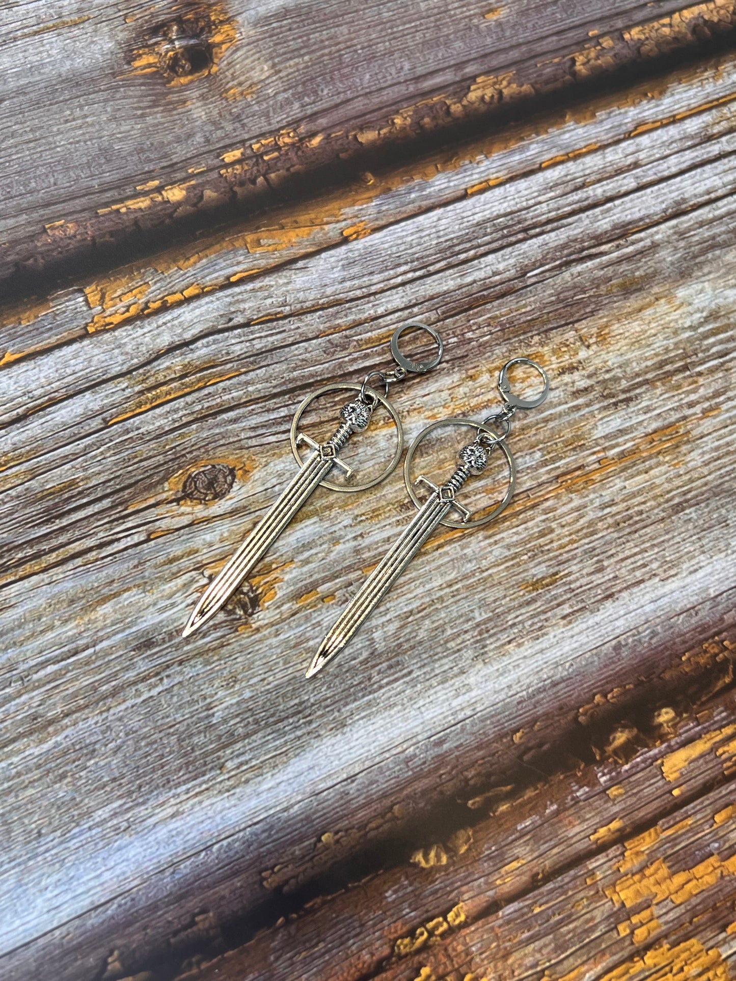 Silver Cat Sword Hoop Earrings