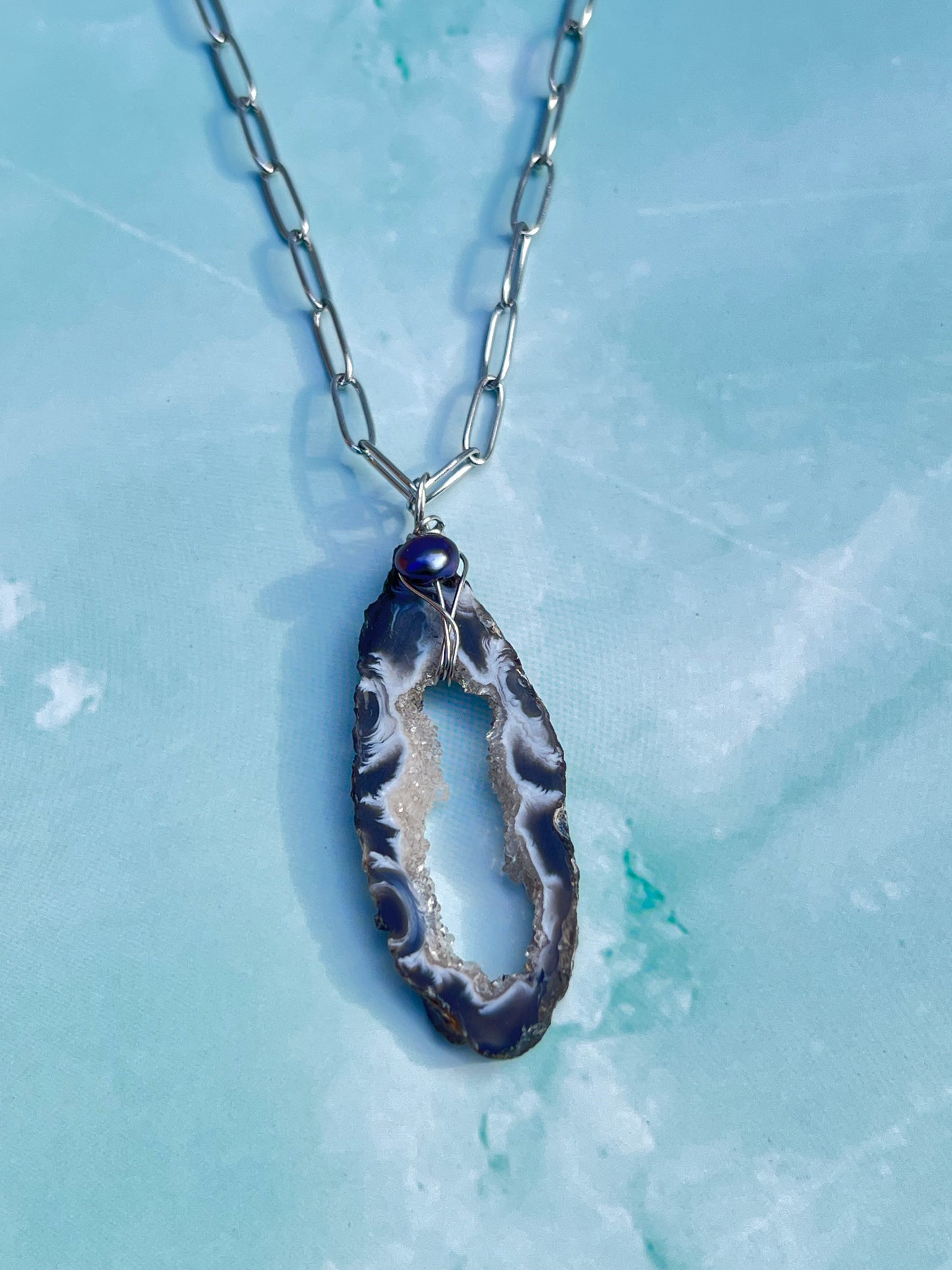 Freshwater Pearl and Druzy Agate Necklace - 2