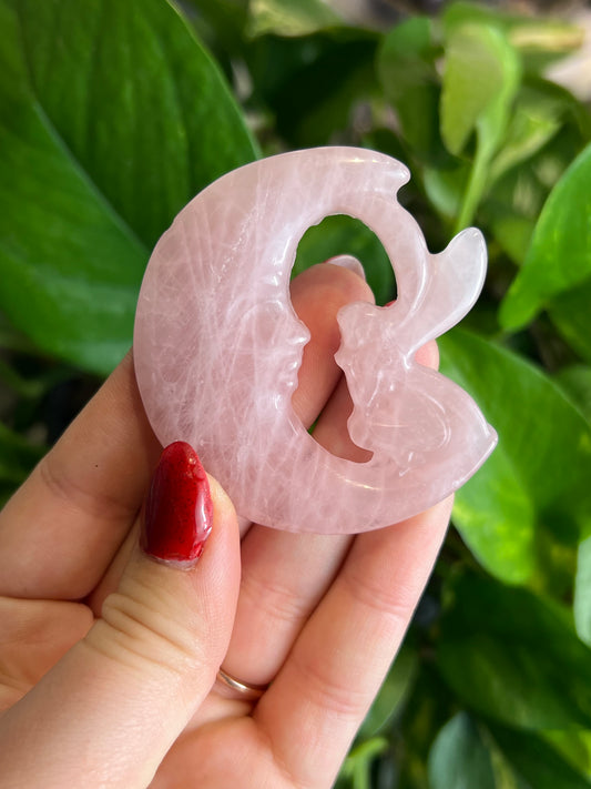 Rose Quartz Moon Fairy Stand