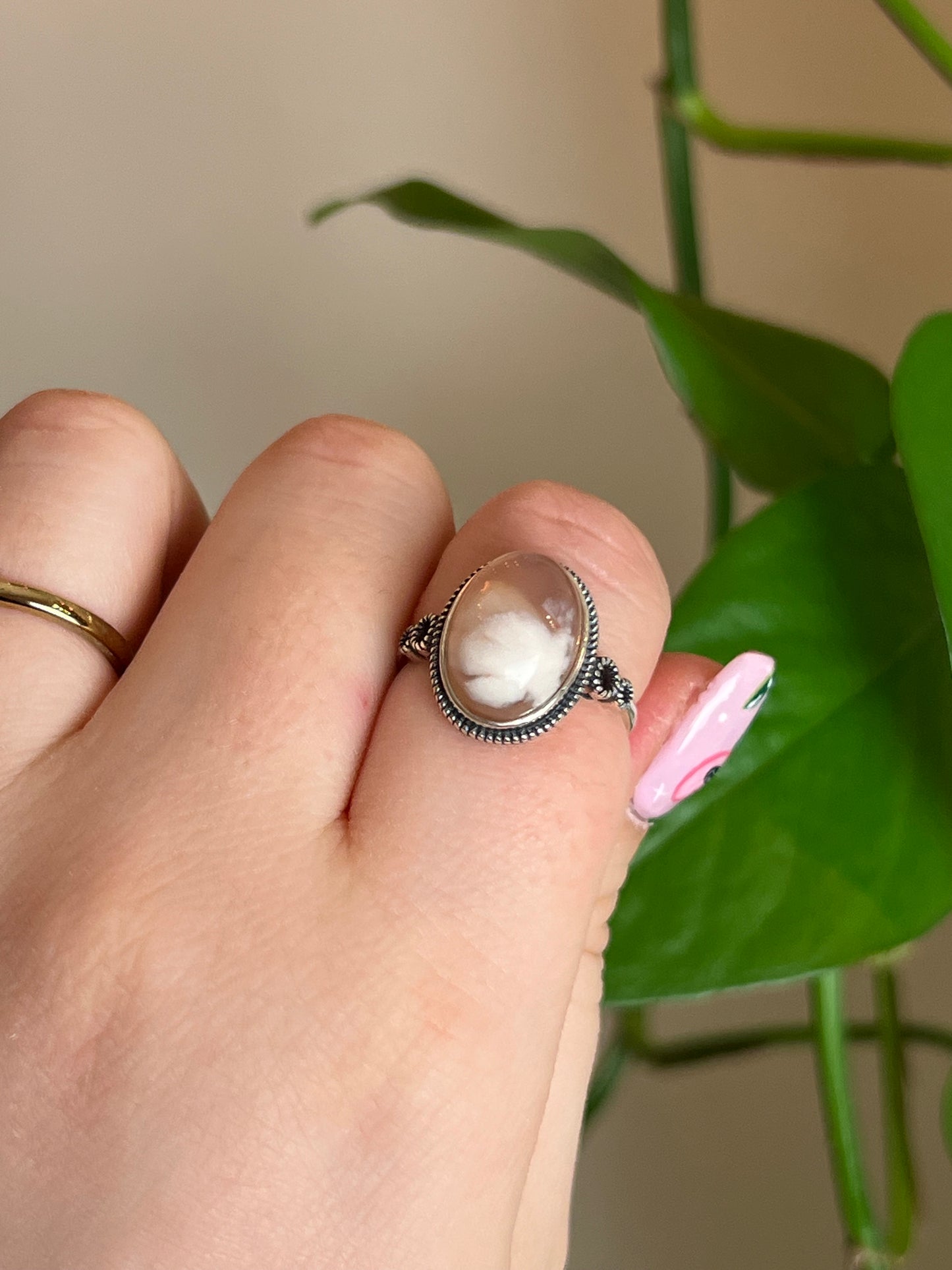 Flower Agate Sterling Silver Adjustable Ring - B