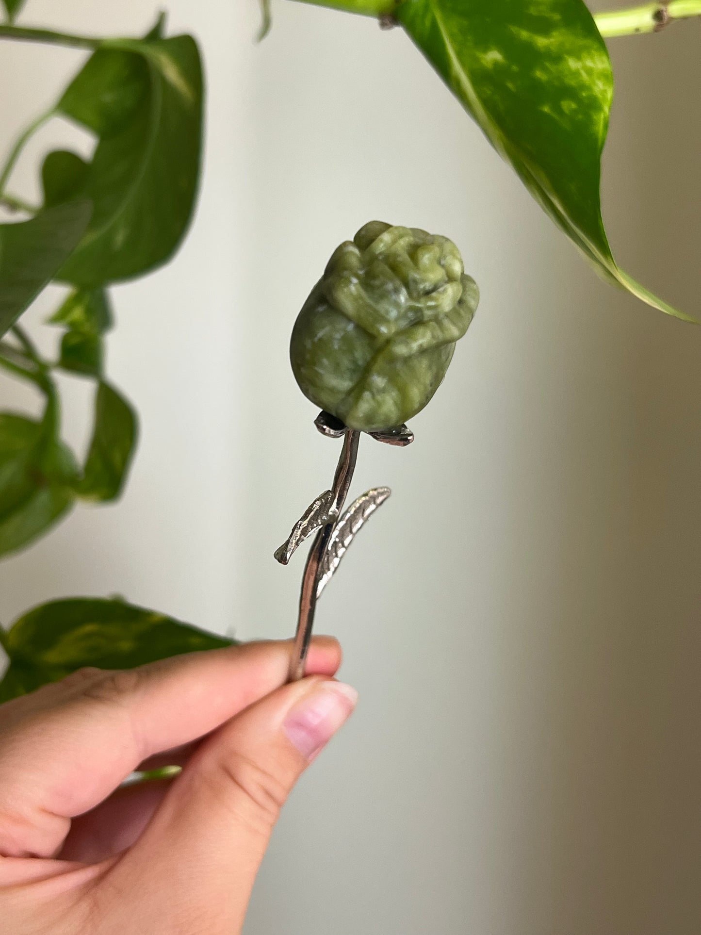 Pastel Jade Rose on Silver Stem