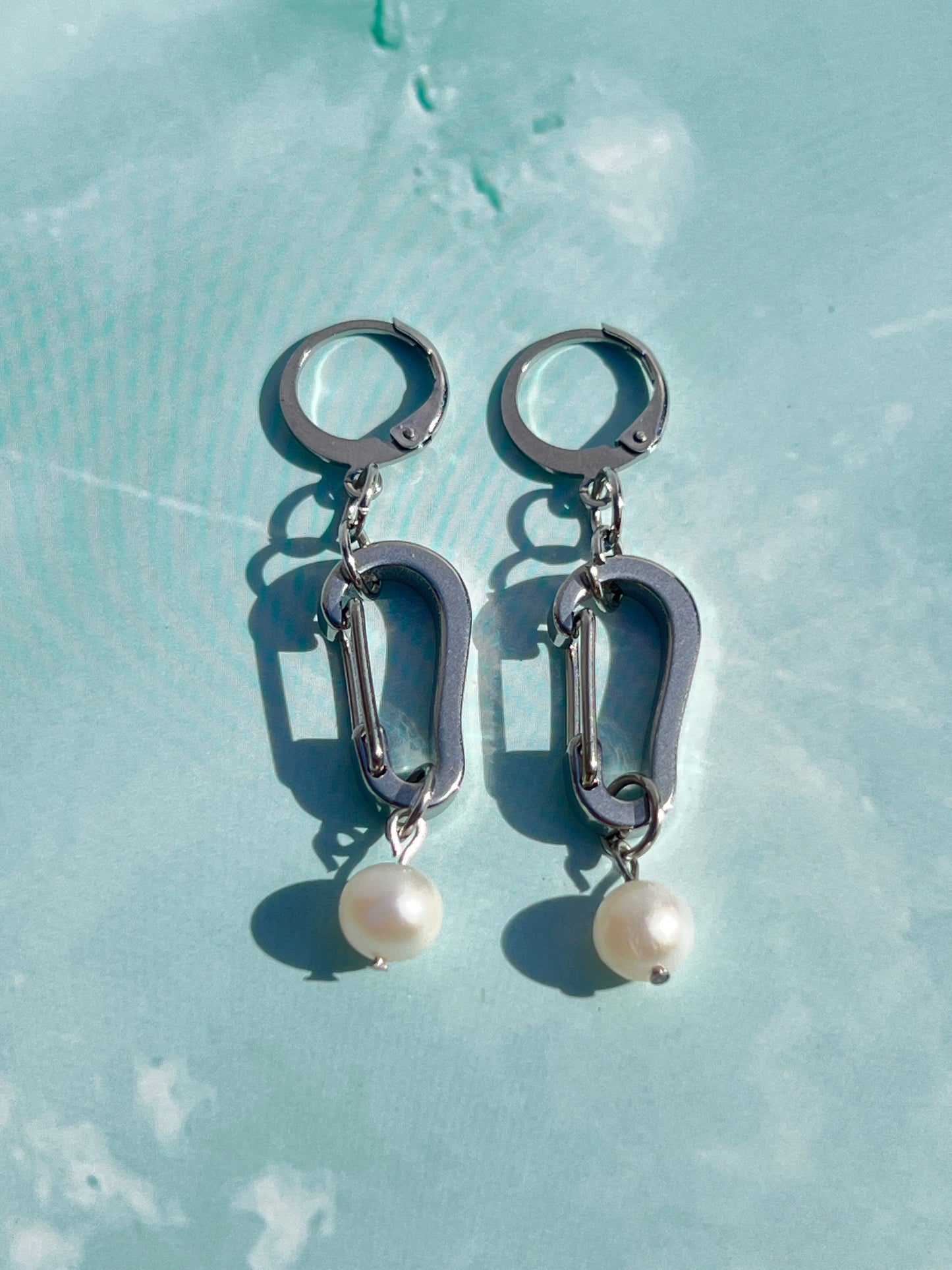 Freshwater Pearl Silver Carabiner Earrings