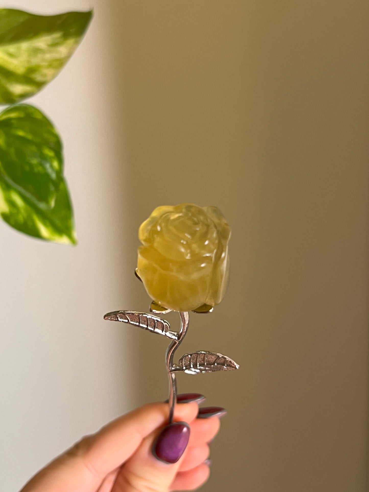 Yellow Fluorite Rose Silver Stem