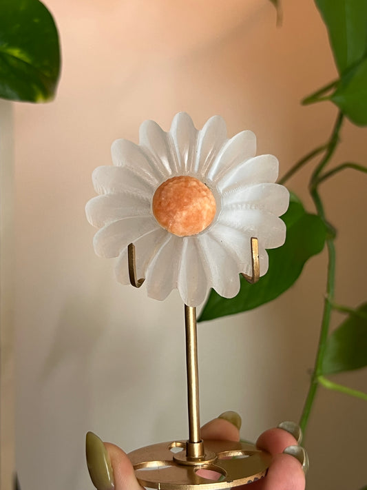 Orange Calcite + Selenite Satin Spar Sunflower on Gold Stand