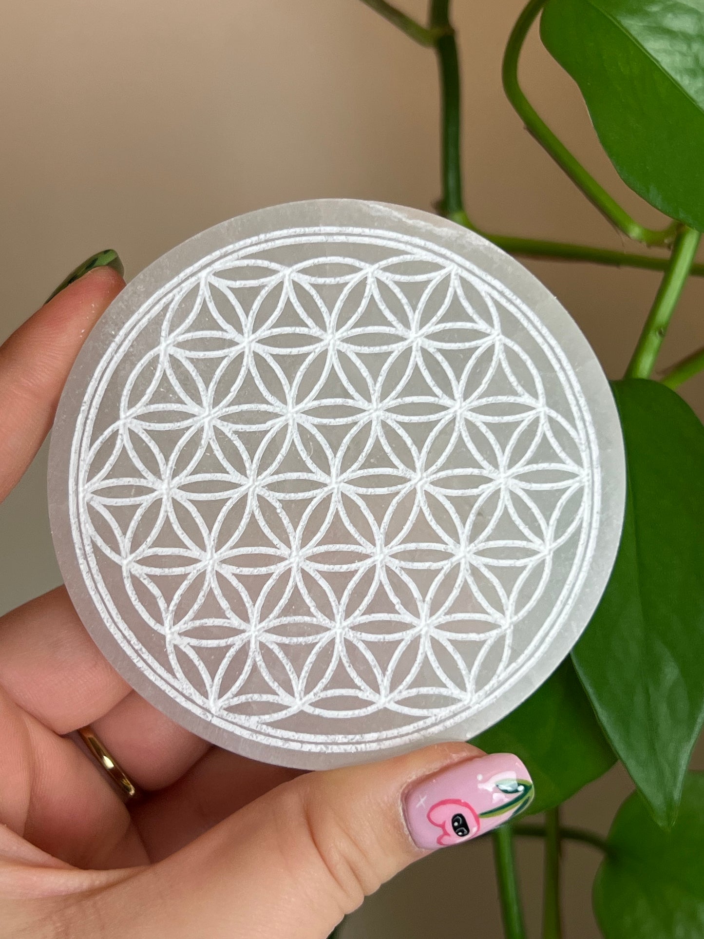 Selenite Satin Spar Flower of Life Small Plate