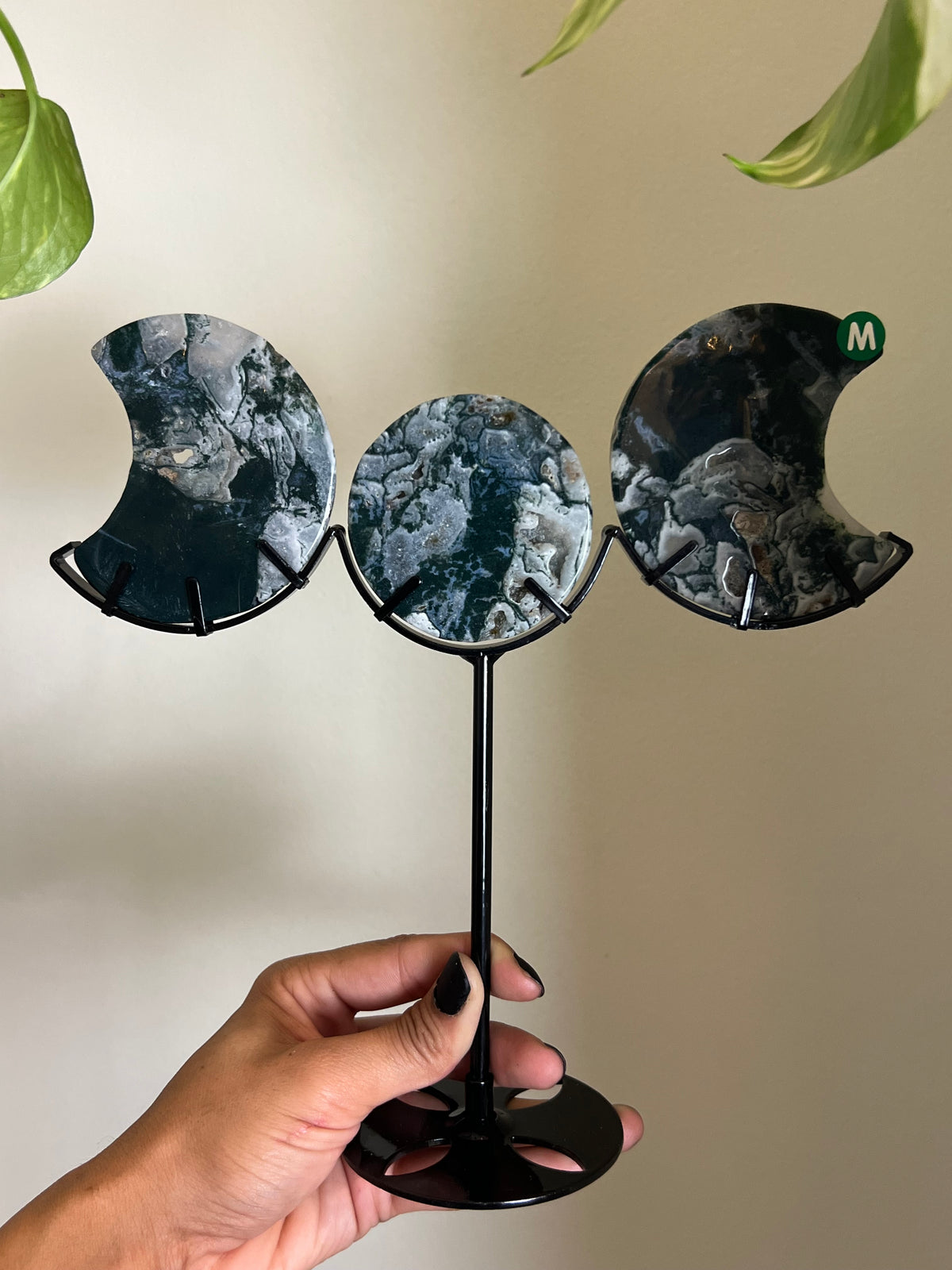 Druzy Moss Agate Triple Moon Stand - M