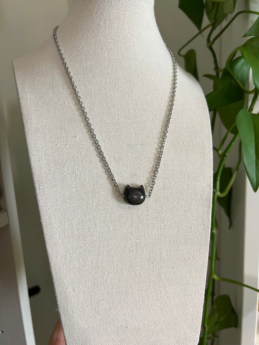 Silver Sheen Obsidian Cat Necklace