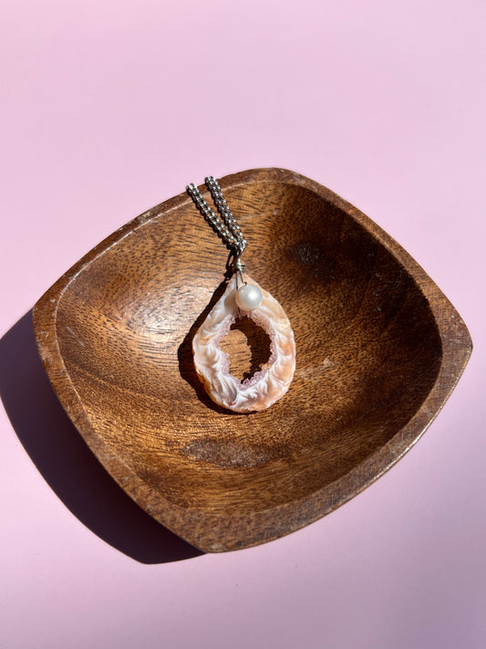 Peachy Druzy Agate Slice + Pearl Silver Necklace