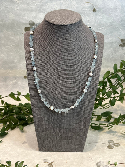 Aquamarine & Freshwater Pearl Beaded Necklace